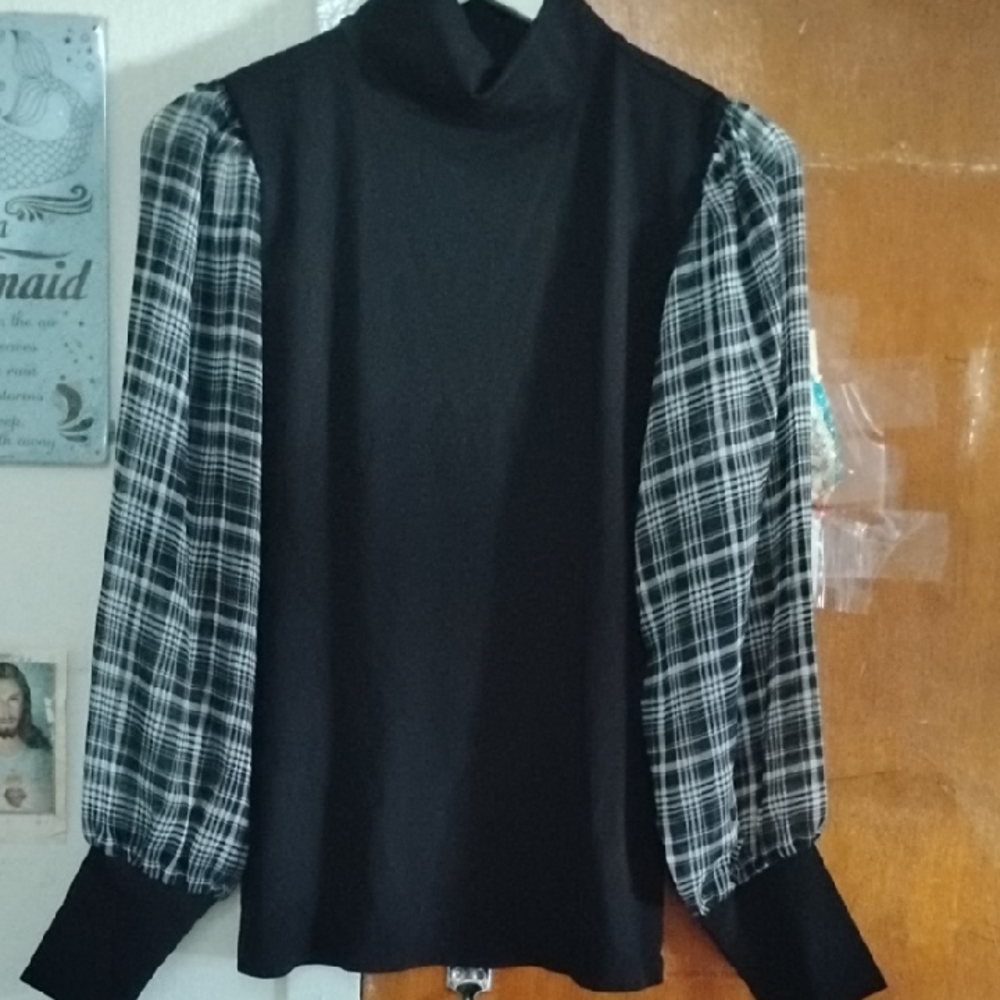 LOFT Black Top with Plaid Balloon Sleeves